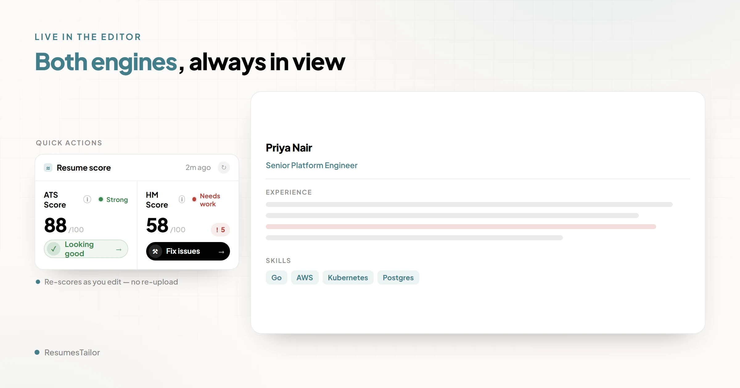 The Rolewyn resume editor with a left-sidebar score block. Two numbers are stacked: an ATS-correctness score and a hiring-manager score, each with a bucket label of Strong, Decent, or Needs work, and a Fix issues button beside each.
