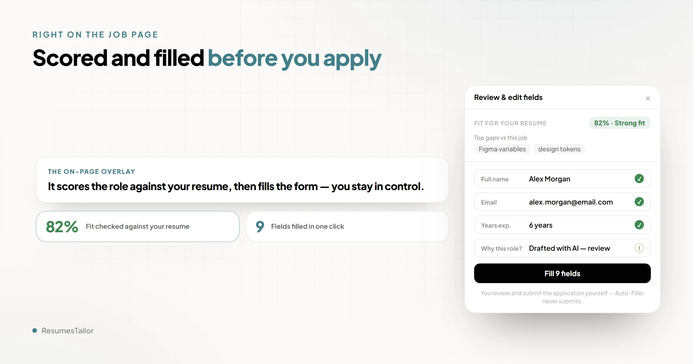 The Rolewyn browser-extension overlay sitting on top of a job posting. It shows a fit score for the role and a control to tailor the resume in place, which is what creates the application card on the Kanban board without a separate logging step.