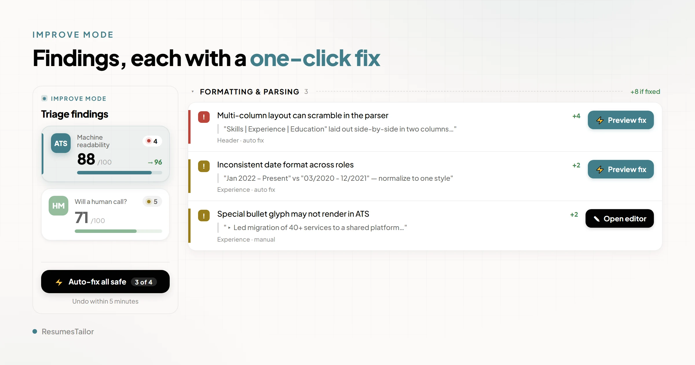 Rolewyn Improve mode. A left engine rail shows separate ATS and hiring-manager engine cards with their scores. The main panel lists individual findings, each with a recruiter-voice explanation, an evidence snippet, a predicted score impact, and a one-click Fix button. An Auto-fix-all call to action sits at the top.
