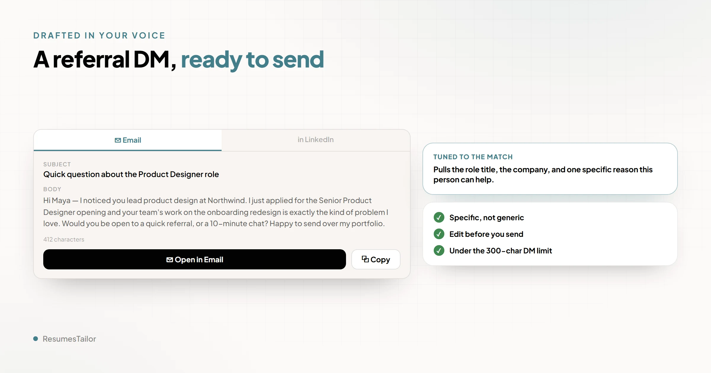 The Rolewyn outreach draft surface showing a referral message auto-generated from a resume and a job description. The draft opens with a one-line credibility statement, names the specific role, gives two concrete reasons the candidate fits, and ends with one small ask. The bonus is not mentioned anywhere in the message. Edit, copy, and send controls sit below the draft.